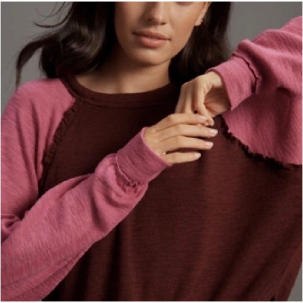 Anthropologie Pilcro Ruffled‎ RaglanThermal Plum Top Pink Sleeves Size Lage